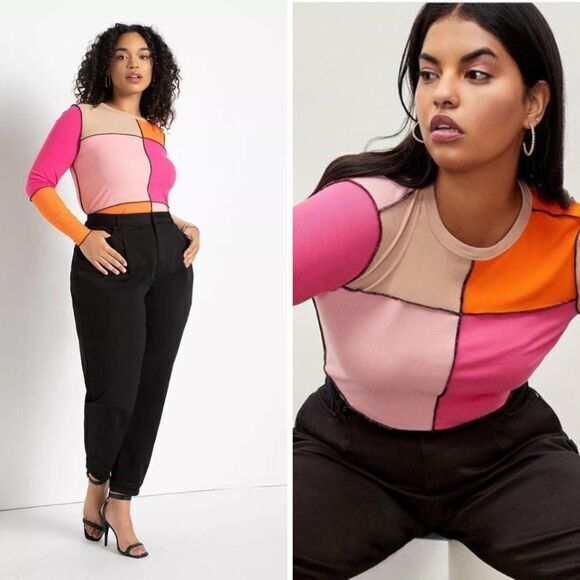 NEW Eloquii Pink Orange Patchwork Color Block Top, size 22/24 - Picture 2 of 16